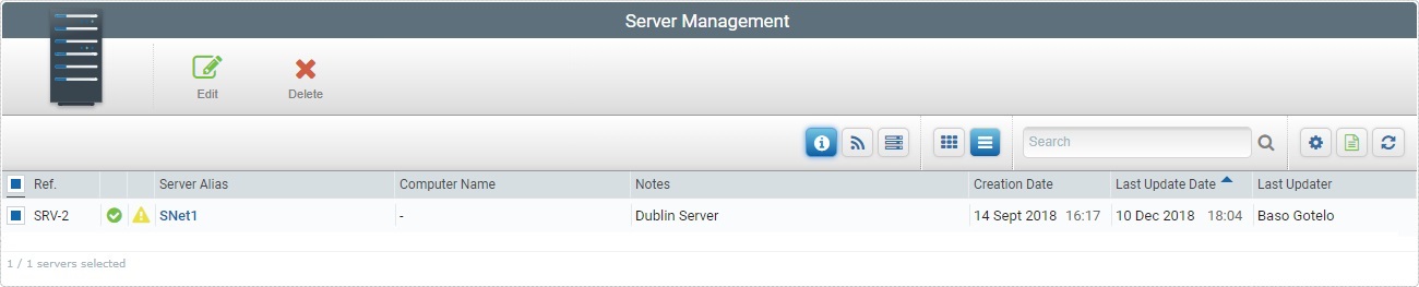 Delete server Management page