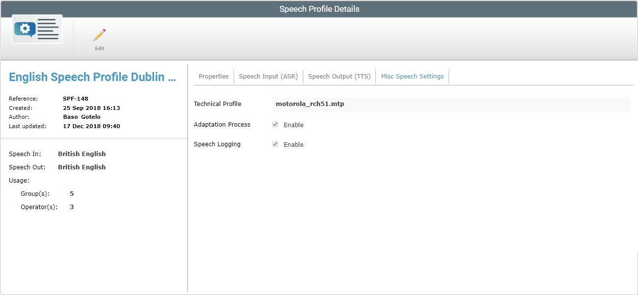 Site Speech Profile Details Speech Misc Speech SettingsTab View Mode