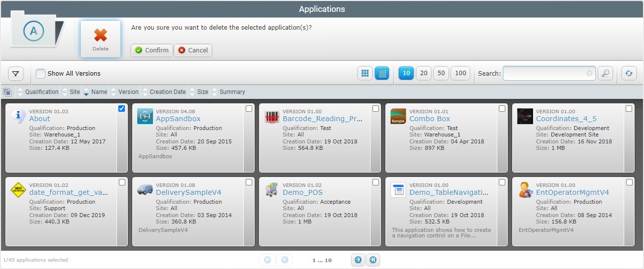 Delete Application Confirmation