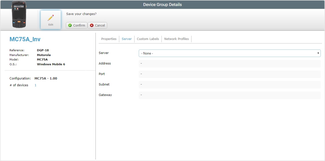 Device Group Details Page Server tab EditX