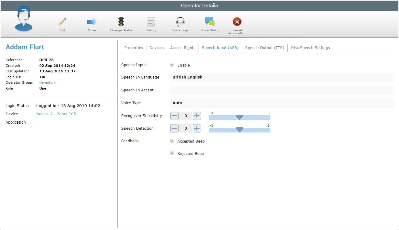 Operator Details Page Speech In Out Tab View