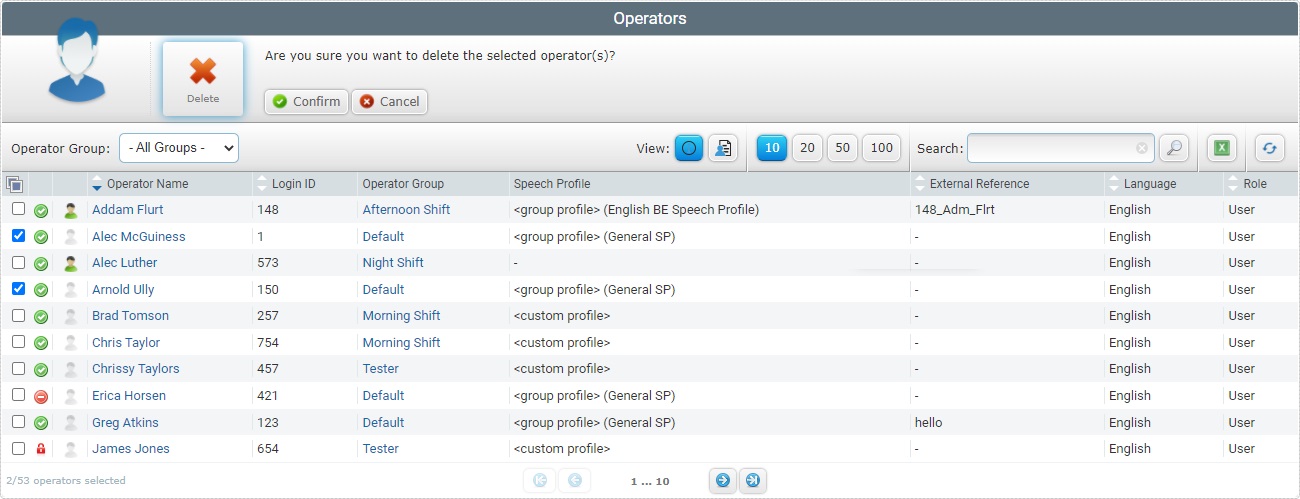 Operators Page Delete confirmation