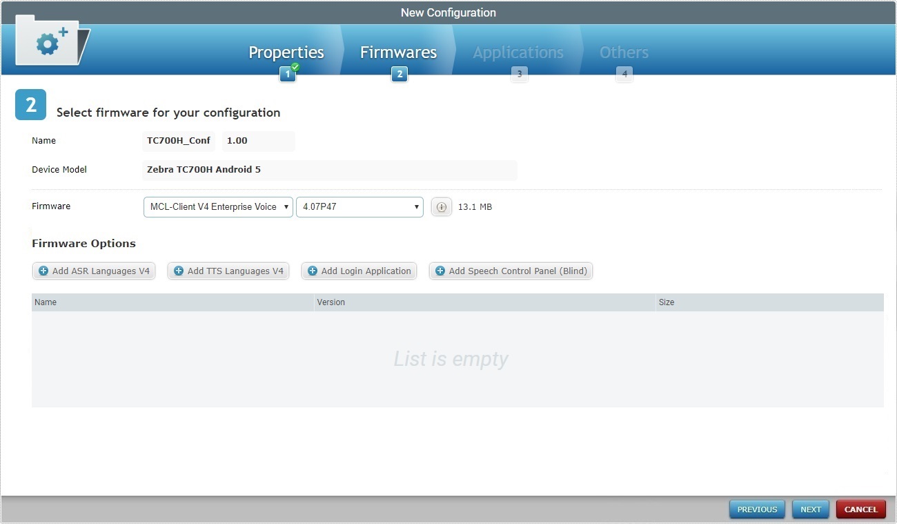 Account new Configuration Step 2 Firmware Options