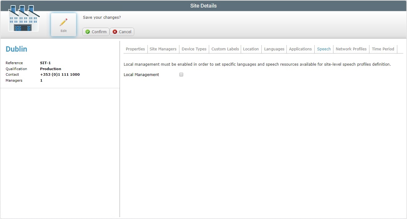 Account Site Details Global Man. Speech tab