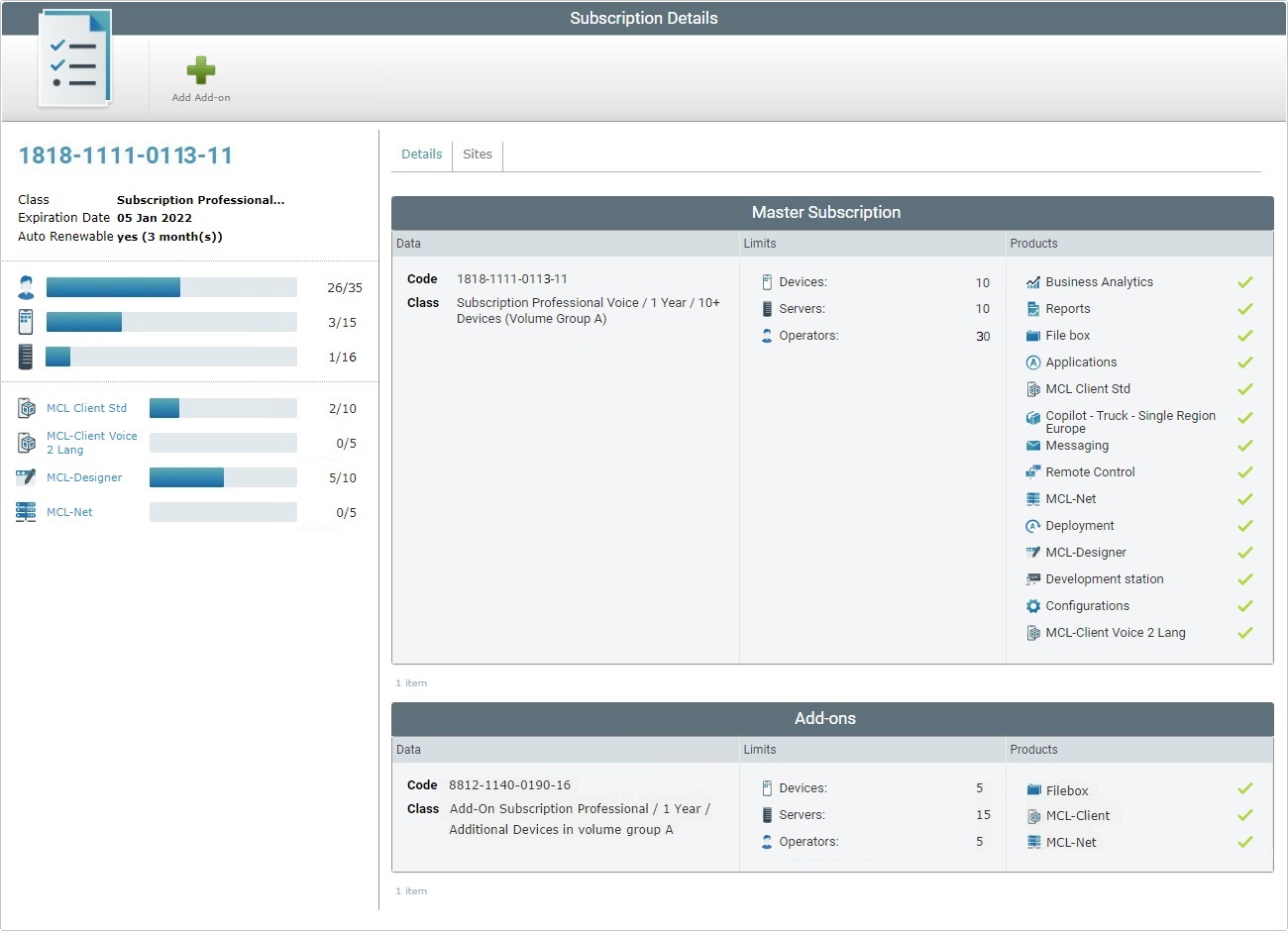 Subscription Details Page Add On Result