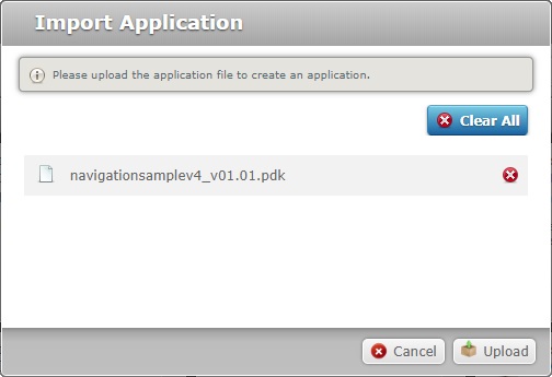 Import Application window Upload