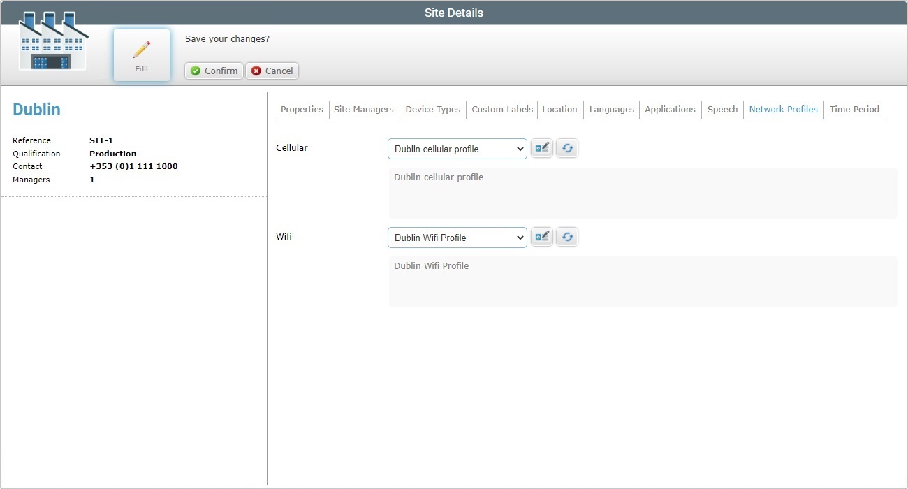 Account Site Details Network Profiles tab Edit