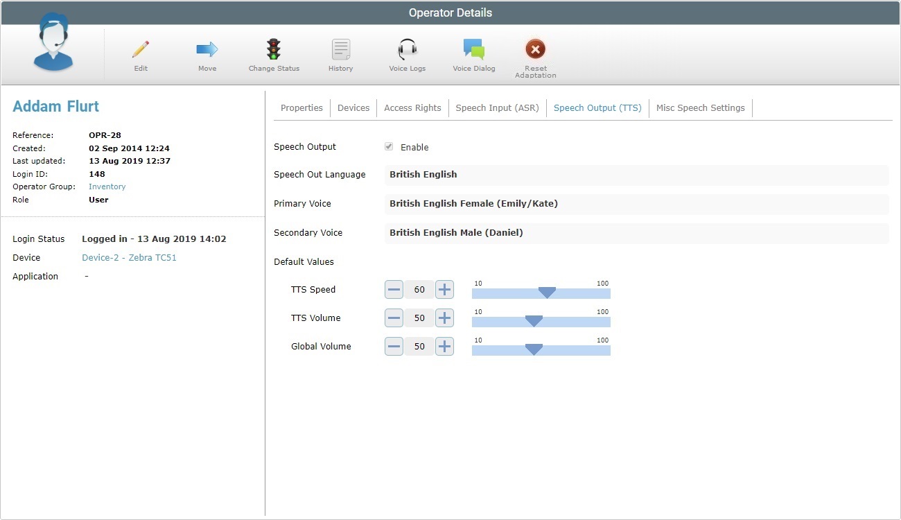 Operator Details Page Advanced Voice Settings Tab View