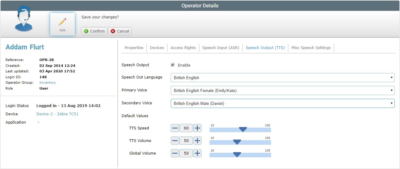 Operator Details Page Speech Out Tab Voice Edit