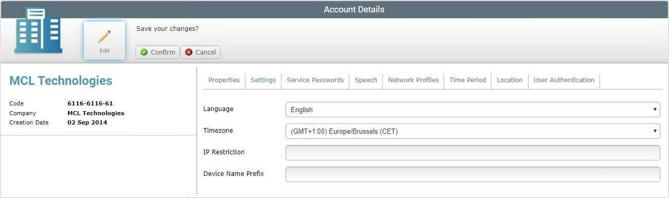 Account Details Sett tab Edit