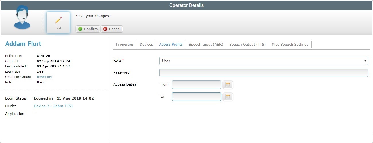 Operator Details Page Access Rights Tab Edit