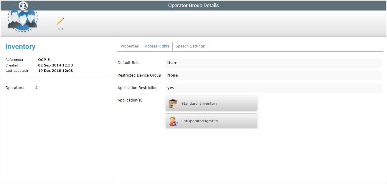 Operator Group Details Page Access Rights Tab