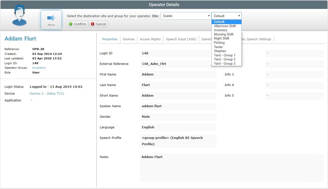 Operator Details Move Operator Confirmation