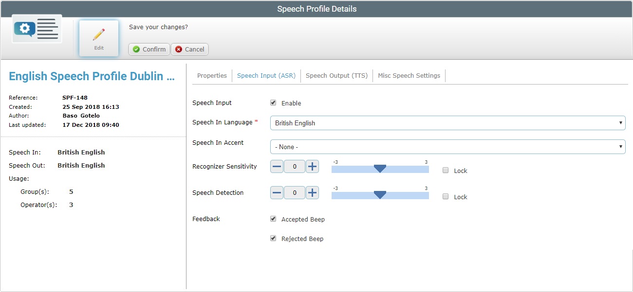 Site Speech Profile Details Speech Input Tab Edit Mode