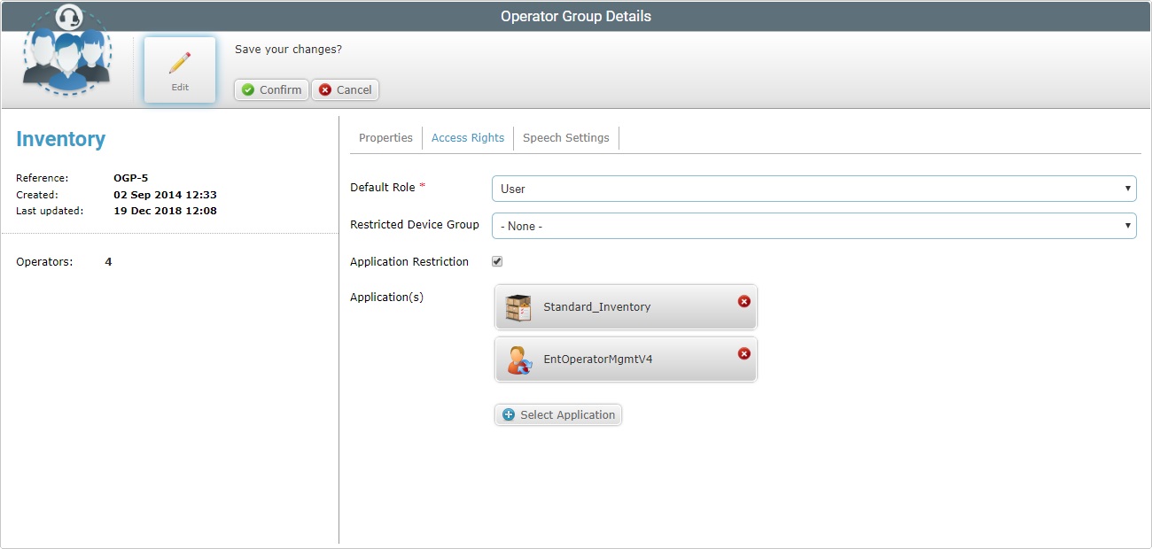 Operator Group Details Page Access Rights Tab Edit