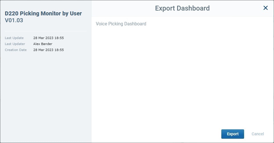 Export Dashboard Popup Window