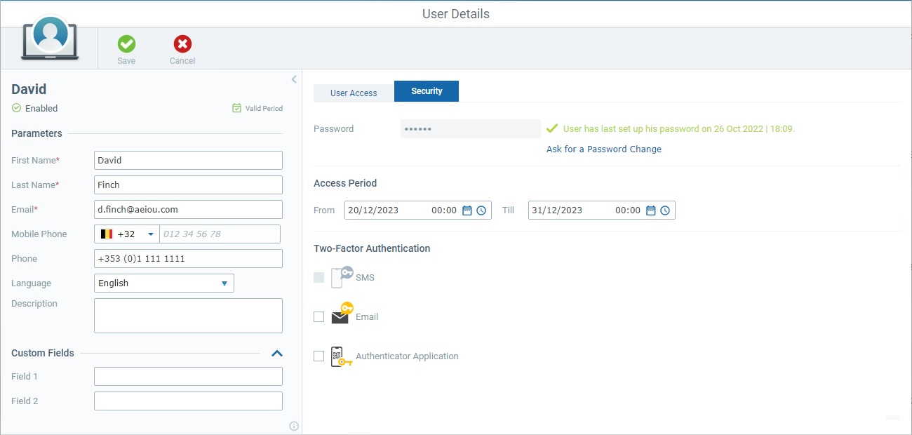 User Details Page Security tab Edit