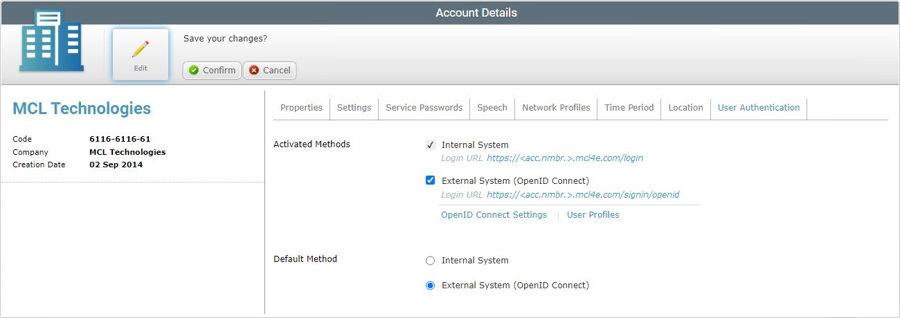 Account Details Authentication Tab Edit