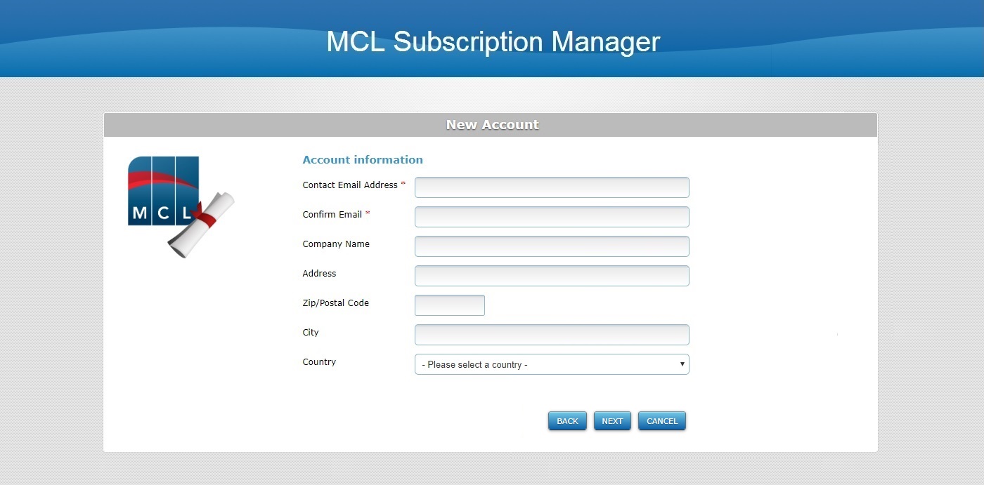 MCL Subscription Manager new account1