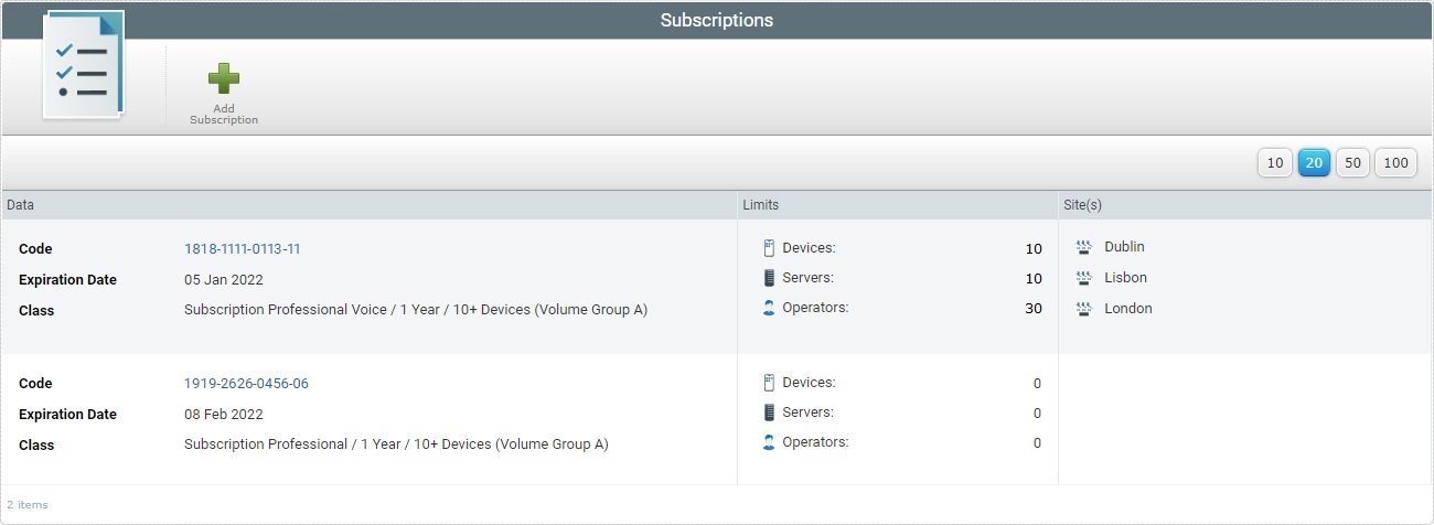 Subscriptions Page Add Subscription Result