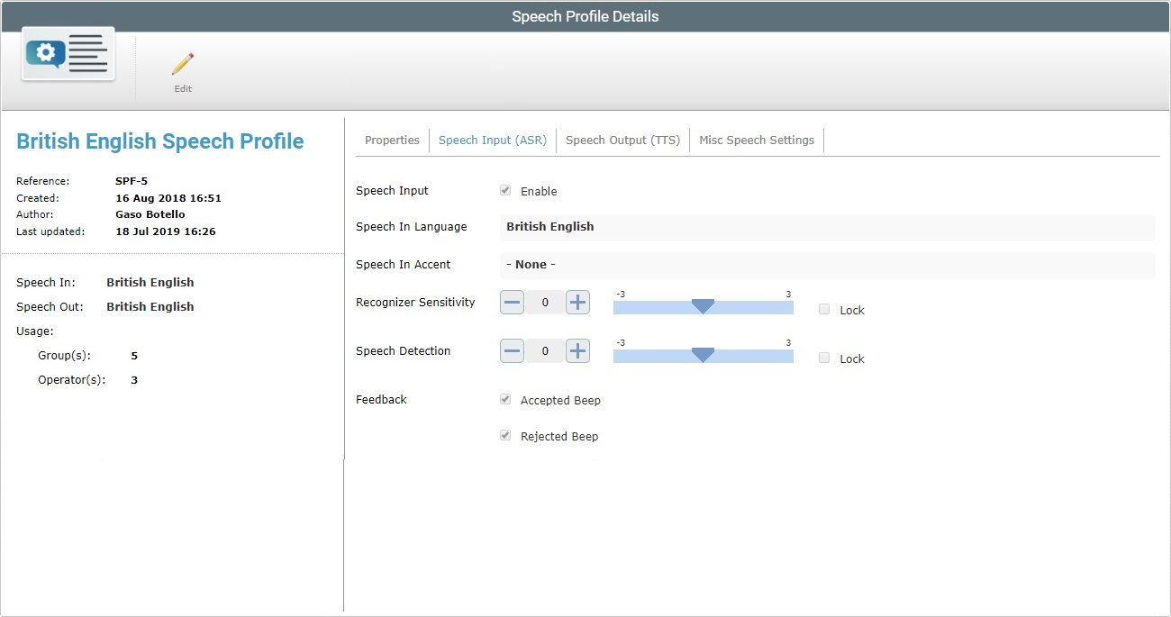 Global Speech Profile details Page Speech Input