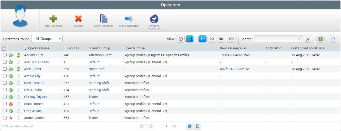 Operators Page Status View