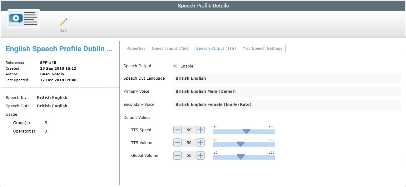 Site Speech Profile Details Speech Output Tab View Mode