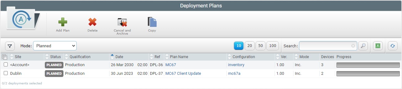 Account Deployment Plans page Planned View