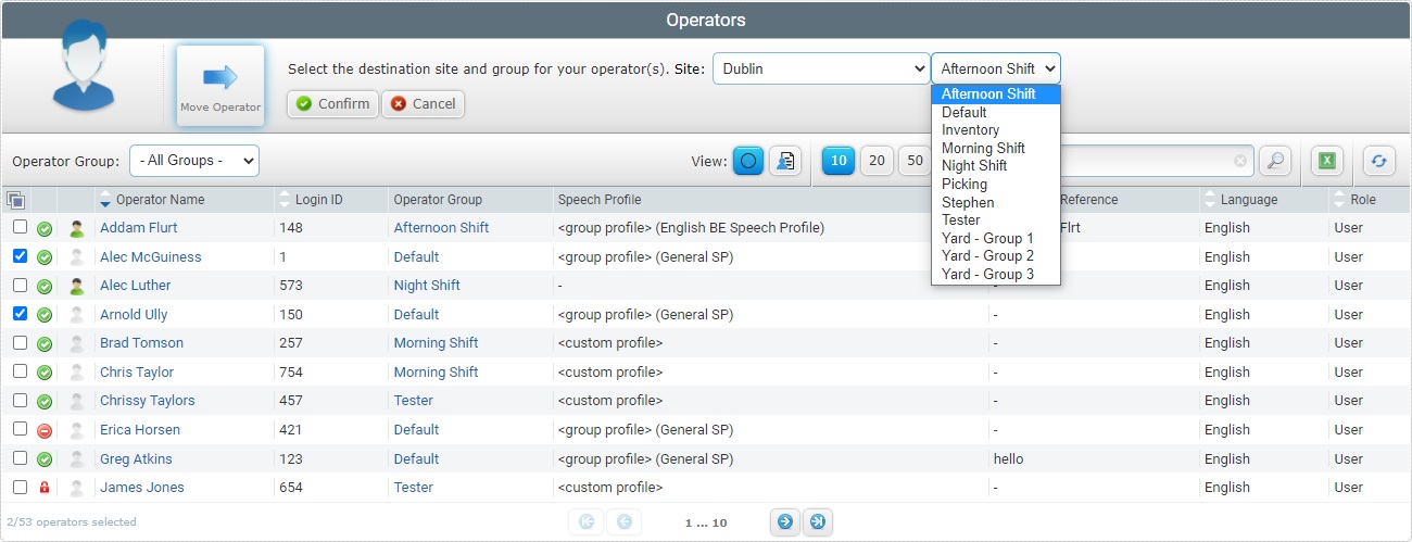 Operators Page Move Operator Confirmation