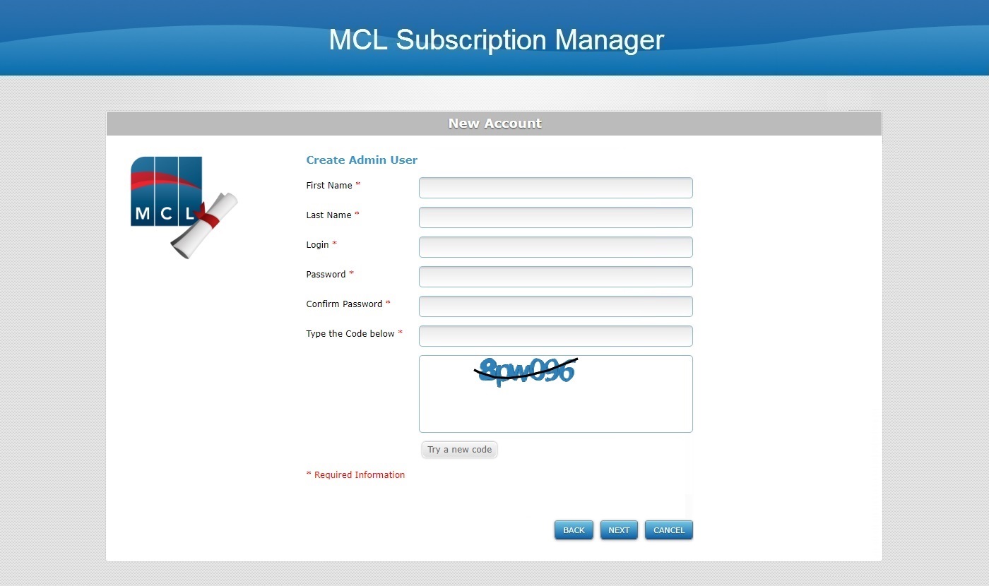 MCL Subscription Manager new account2