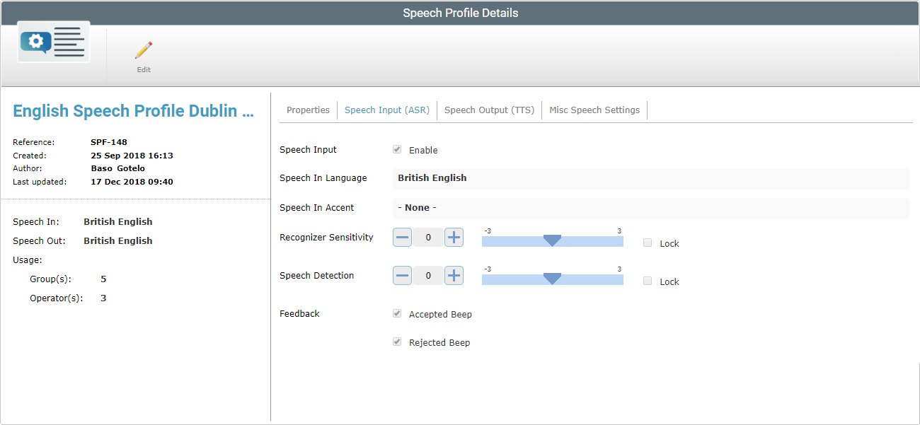 Site Speech Profile Details Speech Input Tab View Mode