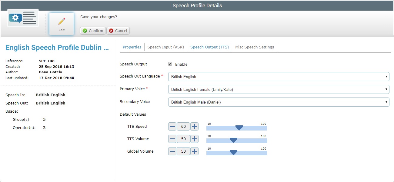Site Speech Profile Details Speech Output Tab Edit Mode