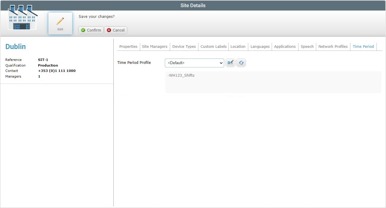 Account Site Details Time Period tab Edit
