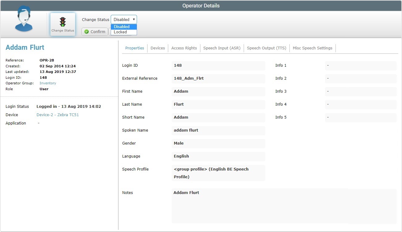 Operator Details Page Change Status