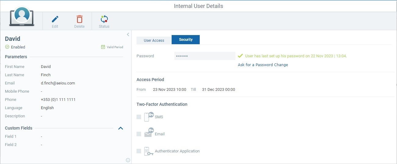 User Details Page Security tab View Mode