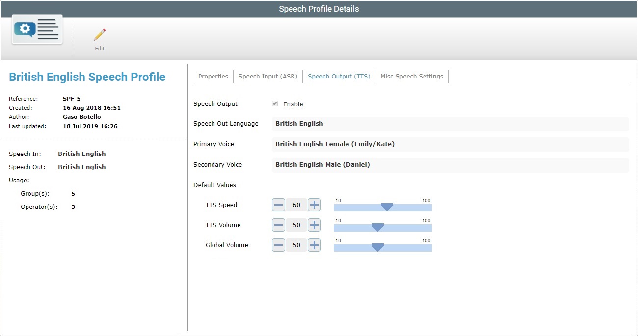 Global Speech Profile details Page Speech Output