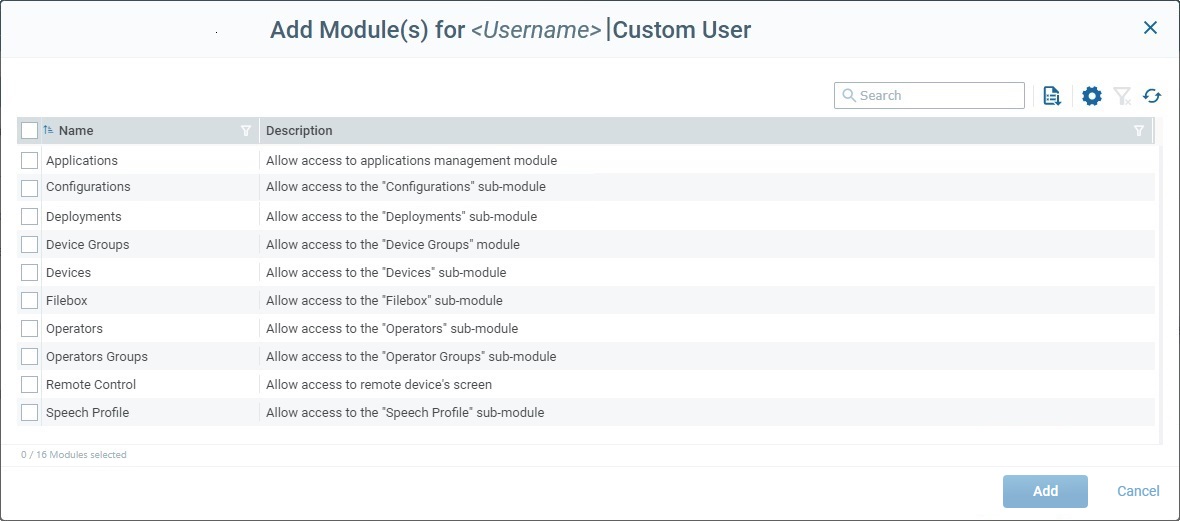 Edit User Select Modules window