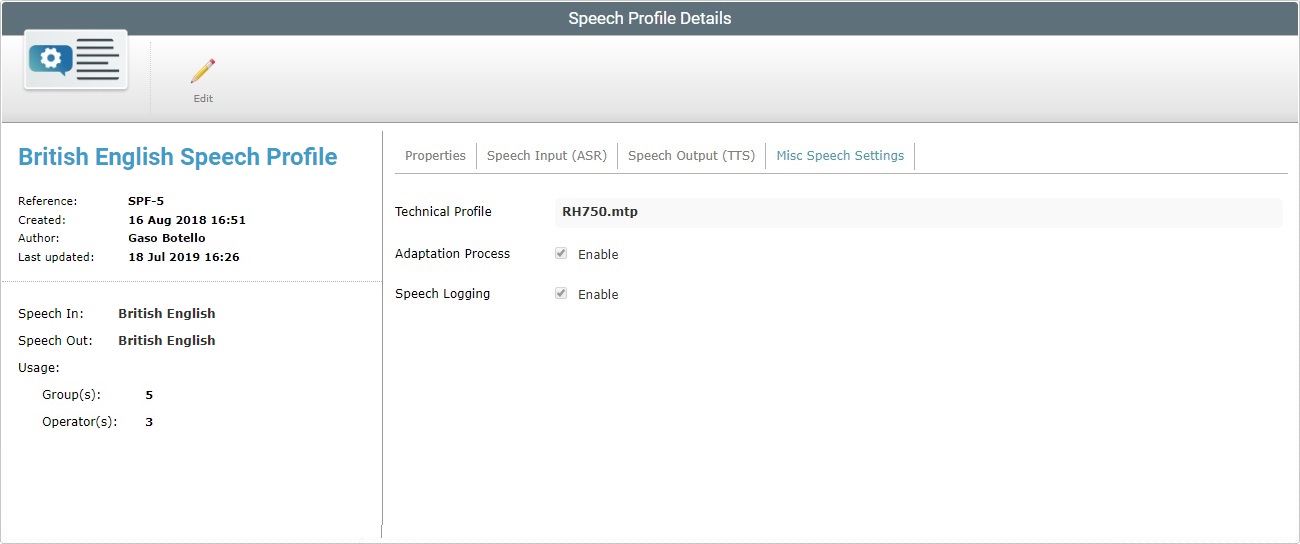 Global Speech Profile details Page Speech Advanced
